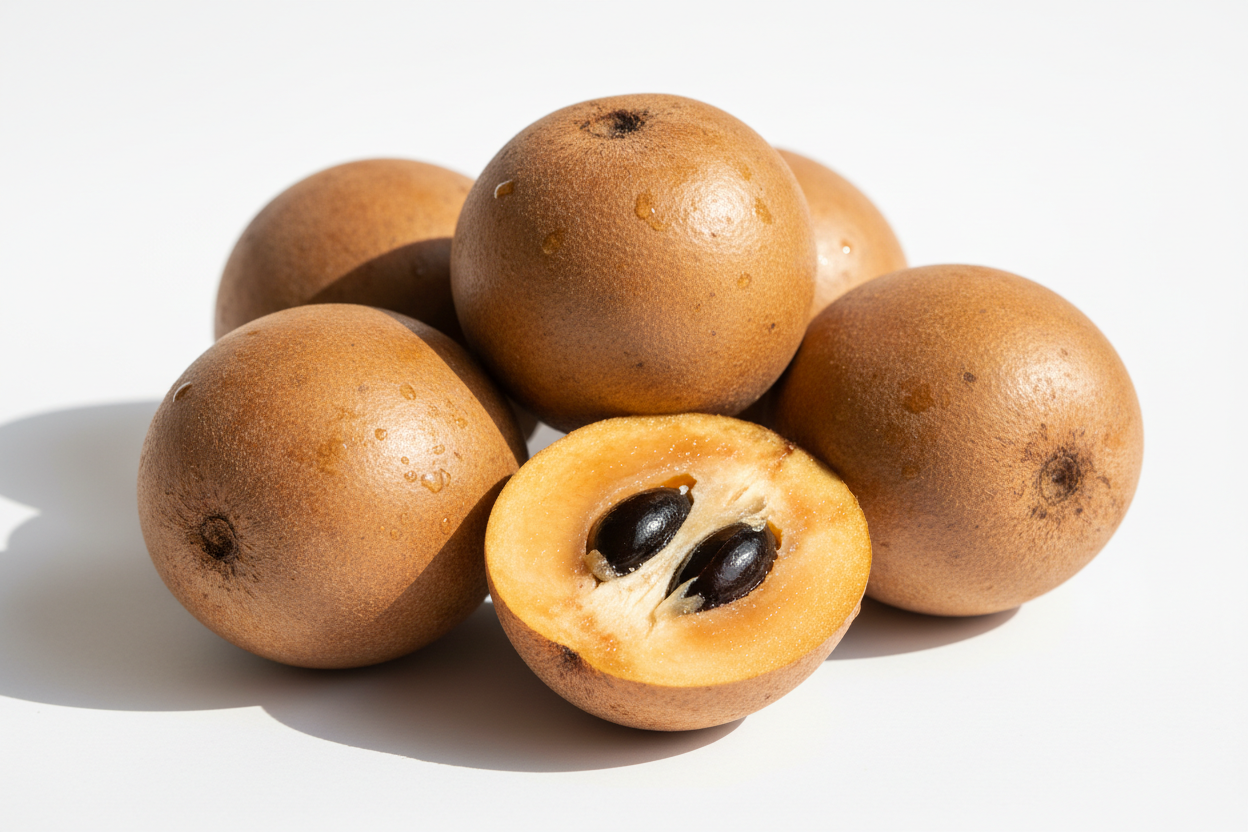 Fresh, natural, Juicy organic round sapota (Chiku). White background. Image is so vibrant that the customer feels like eating it